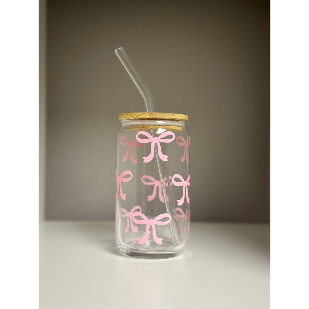 Pink Bow Glass Can with Bamboo Lid and Glass Straw 16oz